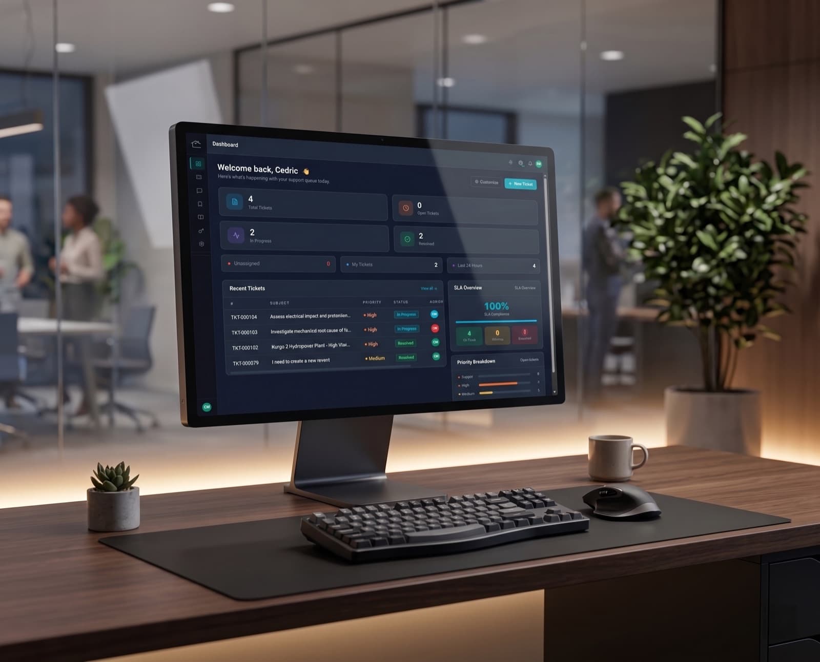 Inzodesk dashboard on a monitor in a team workspace